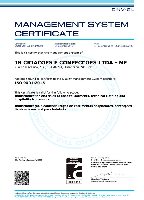 Certificado ISO 9001 JN Criações